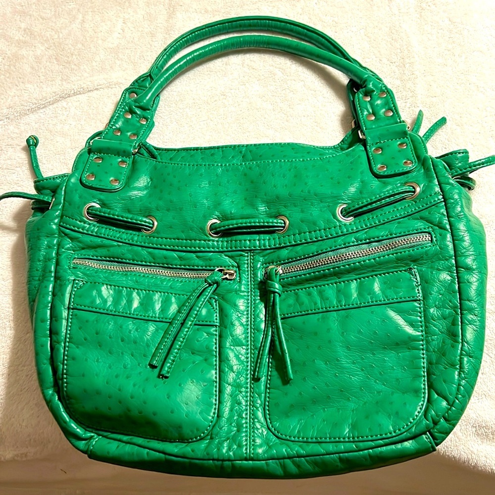 Bueno. Green Leather Bag. Like New. Ostrich print. Silver hardware. - Picture 1 of 10